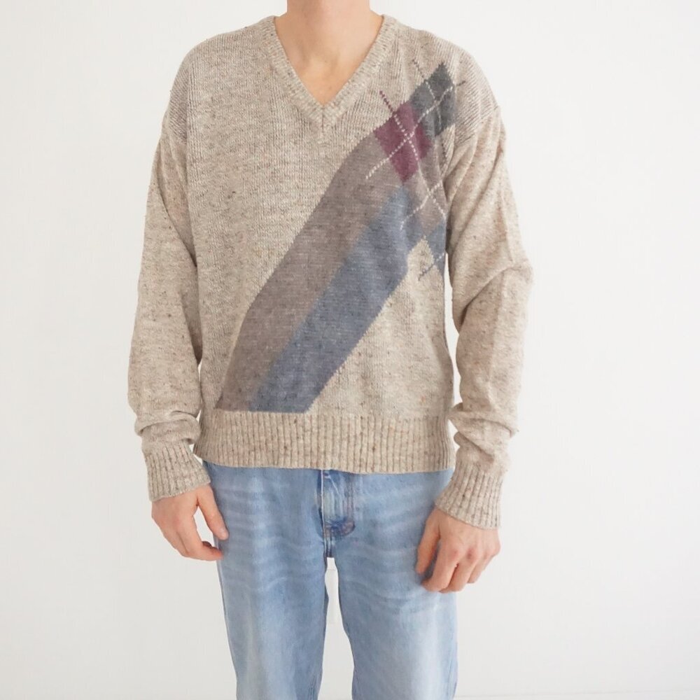 Moss Creek Trader Beige Argyle Diagonal Wool Preppy Eclectic Grandpa Sweater L